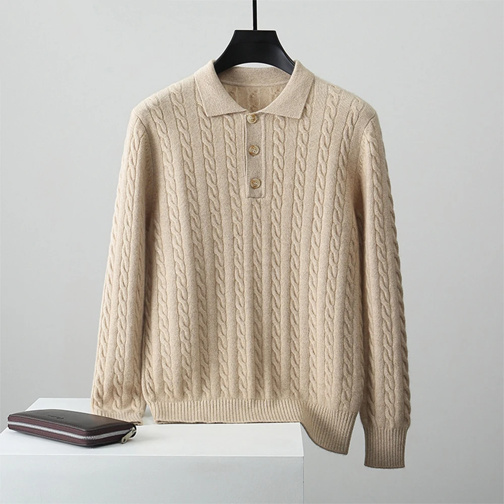 Guoou 100 Pure Cashmere Thick Fall Winter Cable Lapel Knit Polo Shirt Pullover Cashmere Sweater Men