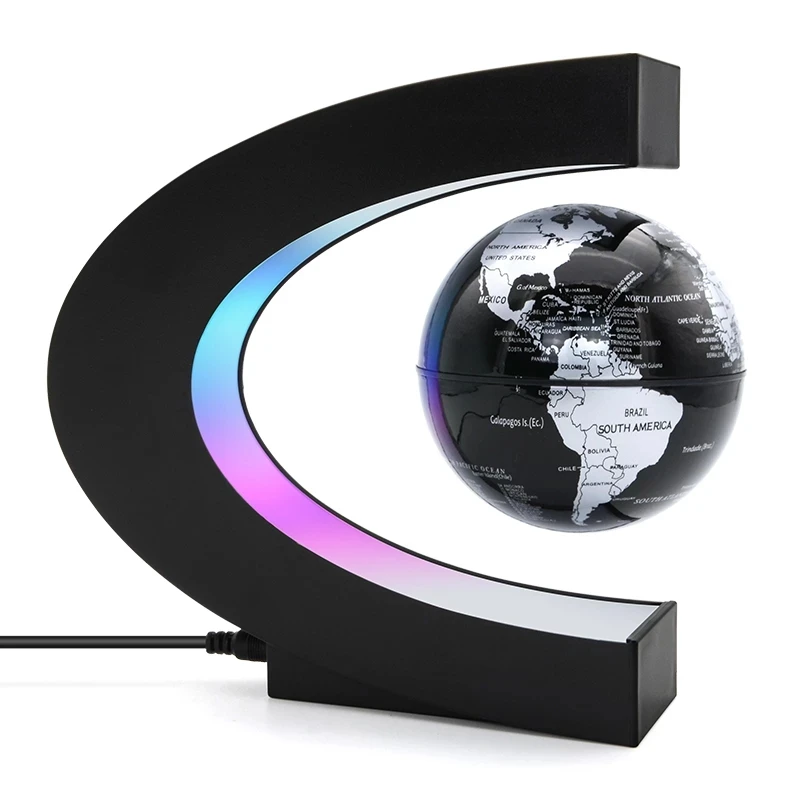 C Shape Magnetic Levitation Floating Globe Rotating With Light and World Map