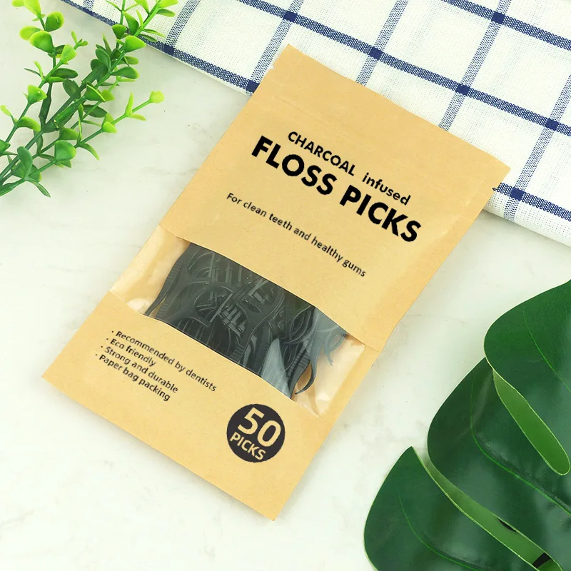 Биоразлагаемый экологичный бумажный мешок Flosser зубочистка органический активированный бамбуковый уголь зубочистка