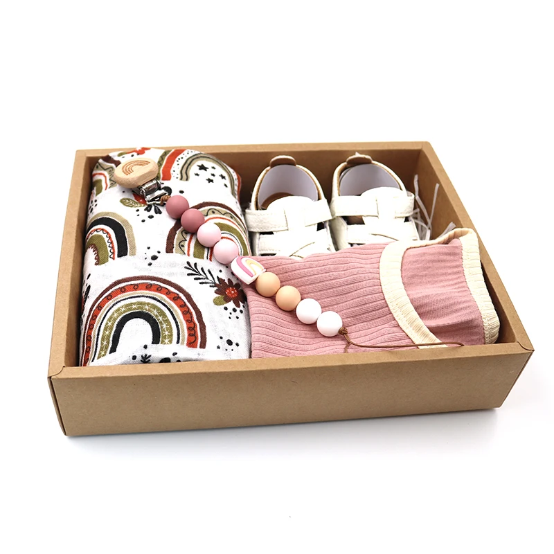 rainbow Baby Shower Gift Set with Teething pacifier chain Pu leather shoes Blanket Romper  new born baby gift set