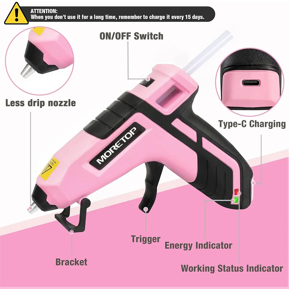 Moretop 3.6V Cordless Hot Glue Gun (Upgrade)  Fast Preheating Smart Power-Off USB-C Rechargeable Kit with 20 Pcs