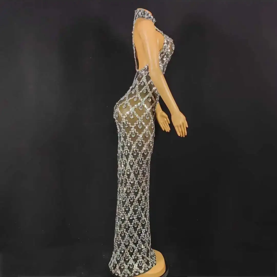 Shining Rhinestone Birthday Long Dress Women Sexy Drag Queen Outfit Stage Performance Wear Backless Nightclub Costume
