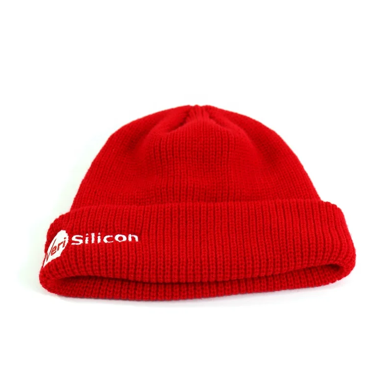 Snug And Warm Scarlet Red Knitted Winter Hat Embroidery Custom Logo Beanie