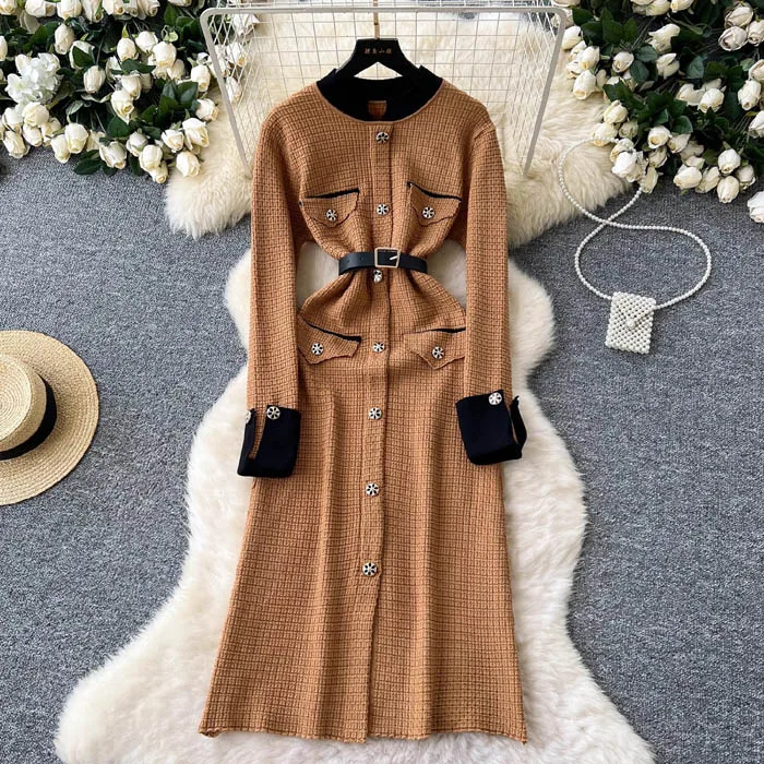 LY097 Women Boutique 2024 Winter Korean Fashion Color Block Temperament Long Sleeve Midi Sweater Dress  Clothing 11