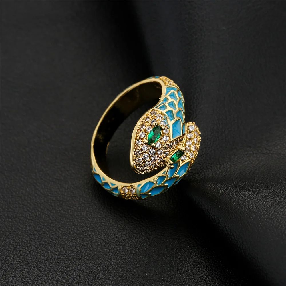 Hot Style Adjustable Brass Micro Pave Cubic Zirconia Enamel Snake Ring For Women