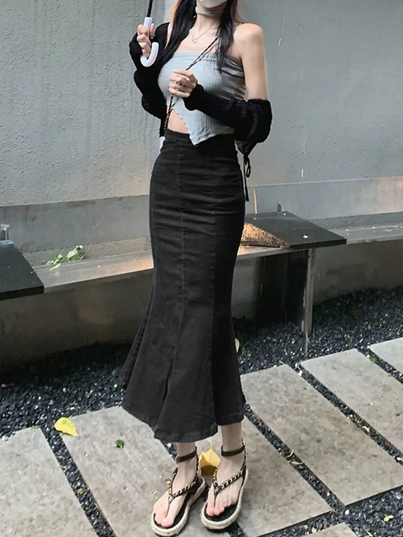 Free Sample Women High Waisted Slimming Jean Skirt Black Long Irregular Half-Body Fishtail Front Side Slit Jean Denim Skirt