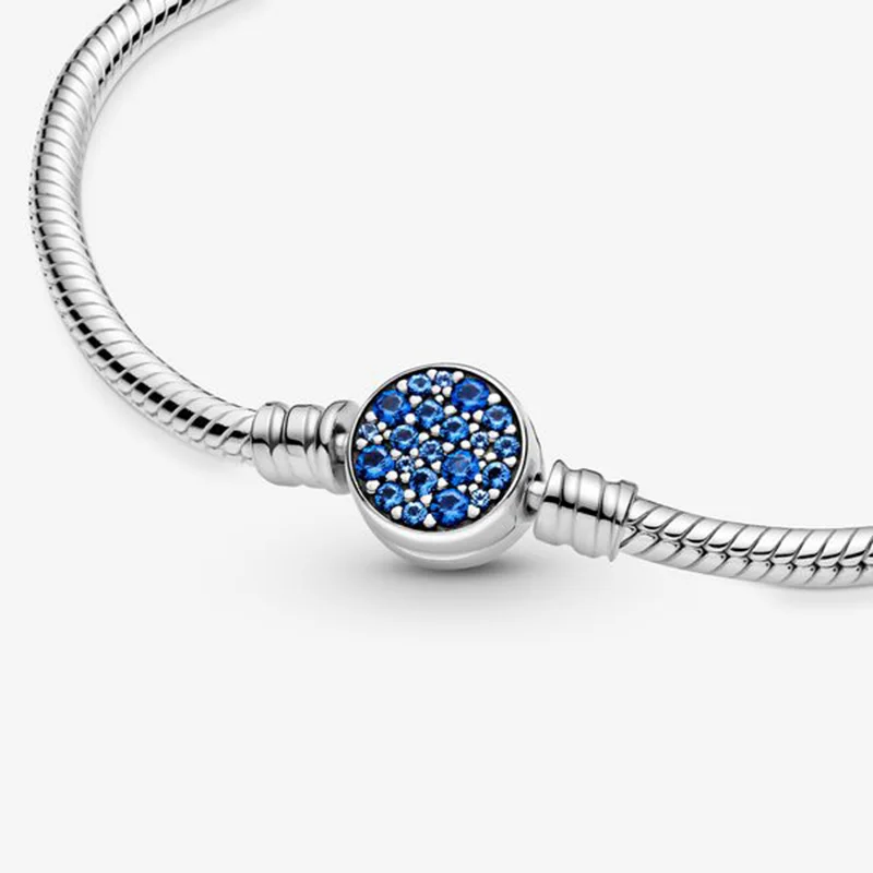 Charms 925 Sterling Solid Silver Bracelet Heart T-Bar Cuff Chain Sparkling Blue Disc Clasp Snake Chain Bracelet Women Jewelry