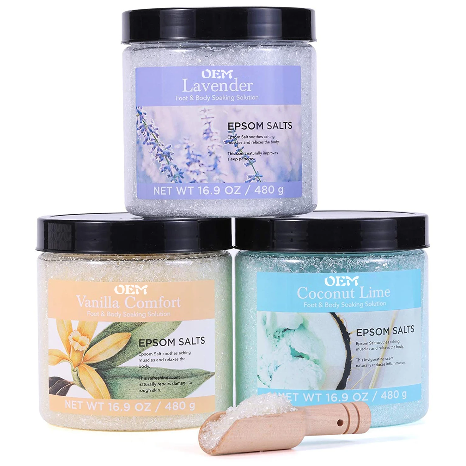 Хит продаж принадлежности для ванны 3*480 г без сульфата магния Epson расслабляющий набор соли подарочный с деревянной ложкой спа-ванны