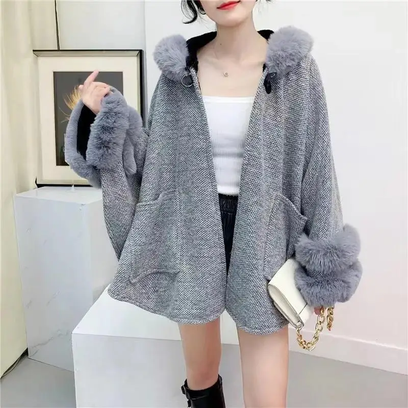 Faux Rabbit Fur Neck Big Pendulum Cloak Women Cardigan Mantle Winter Warm Thick Poncho Loose Streetwear Overcoat With Hat Pocket