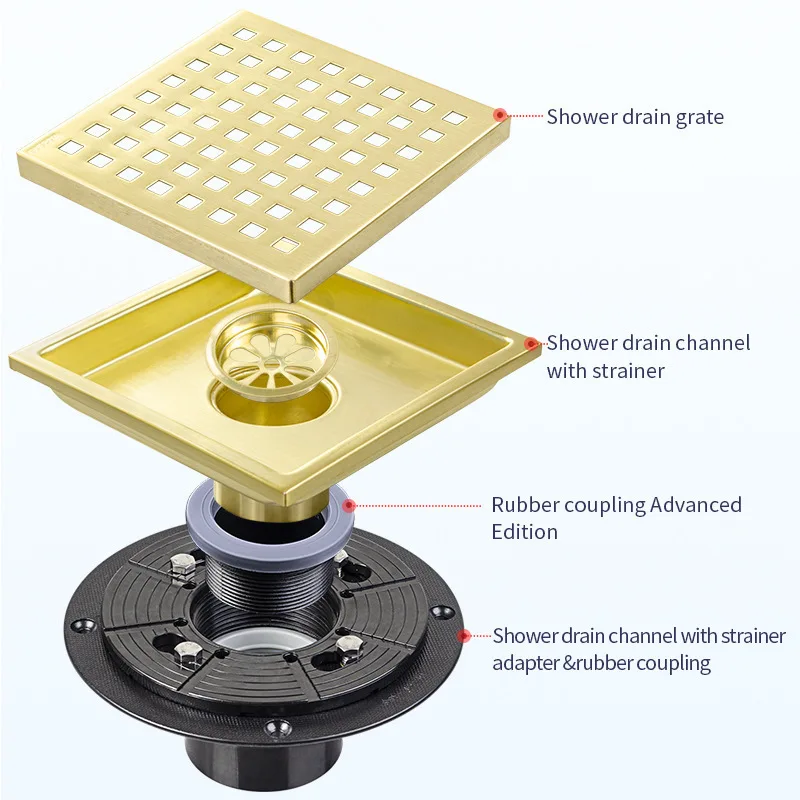 6 inch gold Square Shower Drain with Flange Black Shower Floor Drain Kit 4 inch Removable Grid Grate SUS 304 Stainless Steel