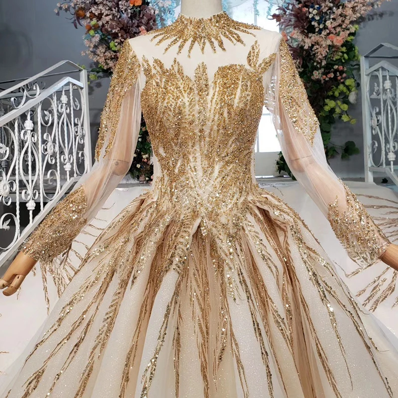 HTL871 Jancember Long Sleeve Lace Wedding Gown With Long Train Golden Heavy Beaded Vestido De Noiva