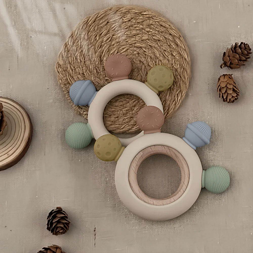 Food grade Beech sensory chew toys baby teething Ring Wooden Teether BPA FREE baby teething toy Silicone teether Baby Teether