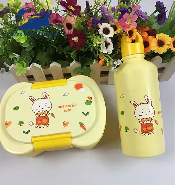 2024 School Kids Double Water Bottles Leakproof Plastic Microwave Snack Sandwich Food Container Cartoon Portable Bento Lunch Box