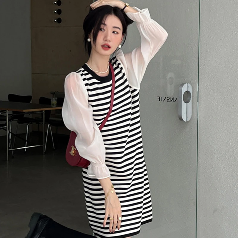 2022 F/W Ladies New Casual Chiffon Dresses Women Lady Elegant Patchwork Contrast Stripe Knit Loose Mid Length One-Piece Dress
