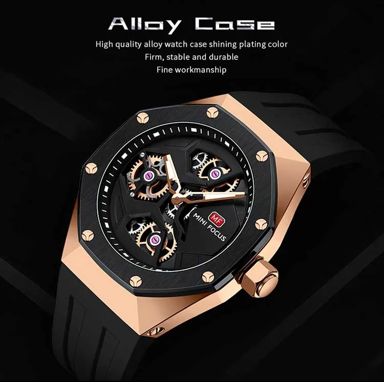 Mini Focus MF0422G Wholesale Blue Gents Quartz Watch Stylish Silicone Band Water Proof Skeleton Vintage Casual Wrist Watch