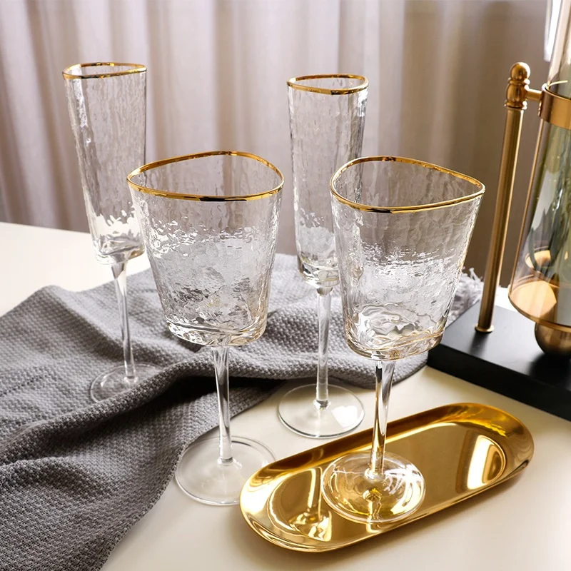 Creative Hammered Phnom Penh Crystal Unleaded Wine Champagne Glasses European Triangle High-heeled Wedding Goblet with Gold Rim