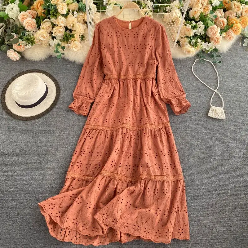 Custom autumn clothes female Korean simple solid color round neck hollowed out long-sleeved dress one pcs lace dress