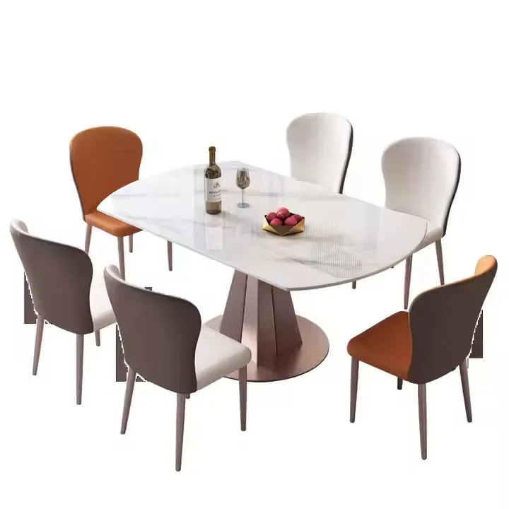 Light luxury Table Pink Marble Dining Table Set 6 Chairs Gold Metal Steel Stainless Simple Modern Furniture Round Table
