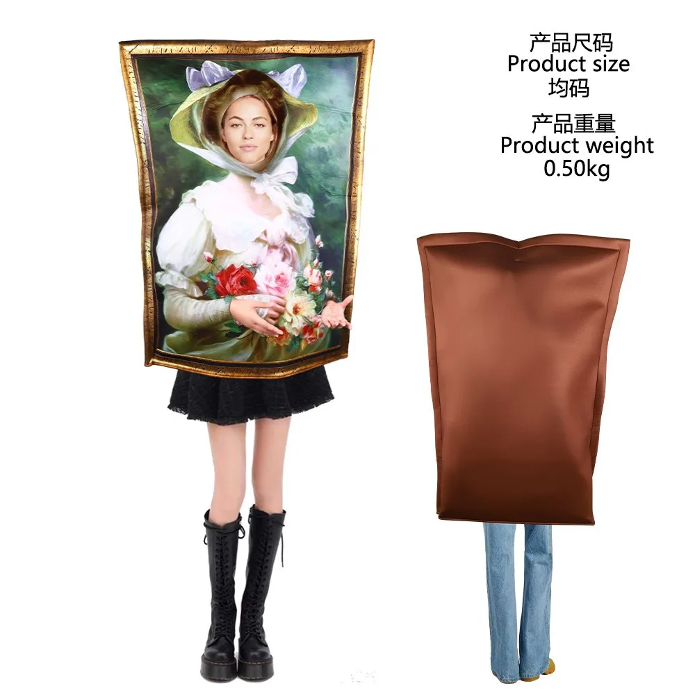 New Halloween Funny Mona Lisa Mural Cosplay Costume For Adult Party Originality Spoof Sponge Jumpsuit Carnival Fancy Dress Up