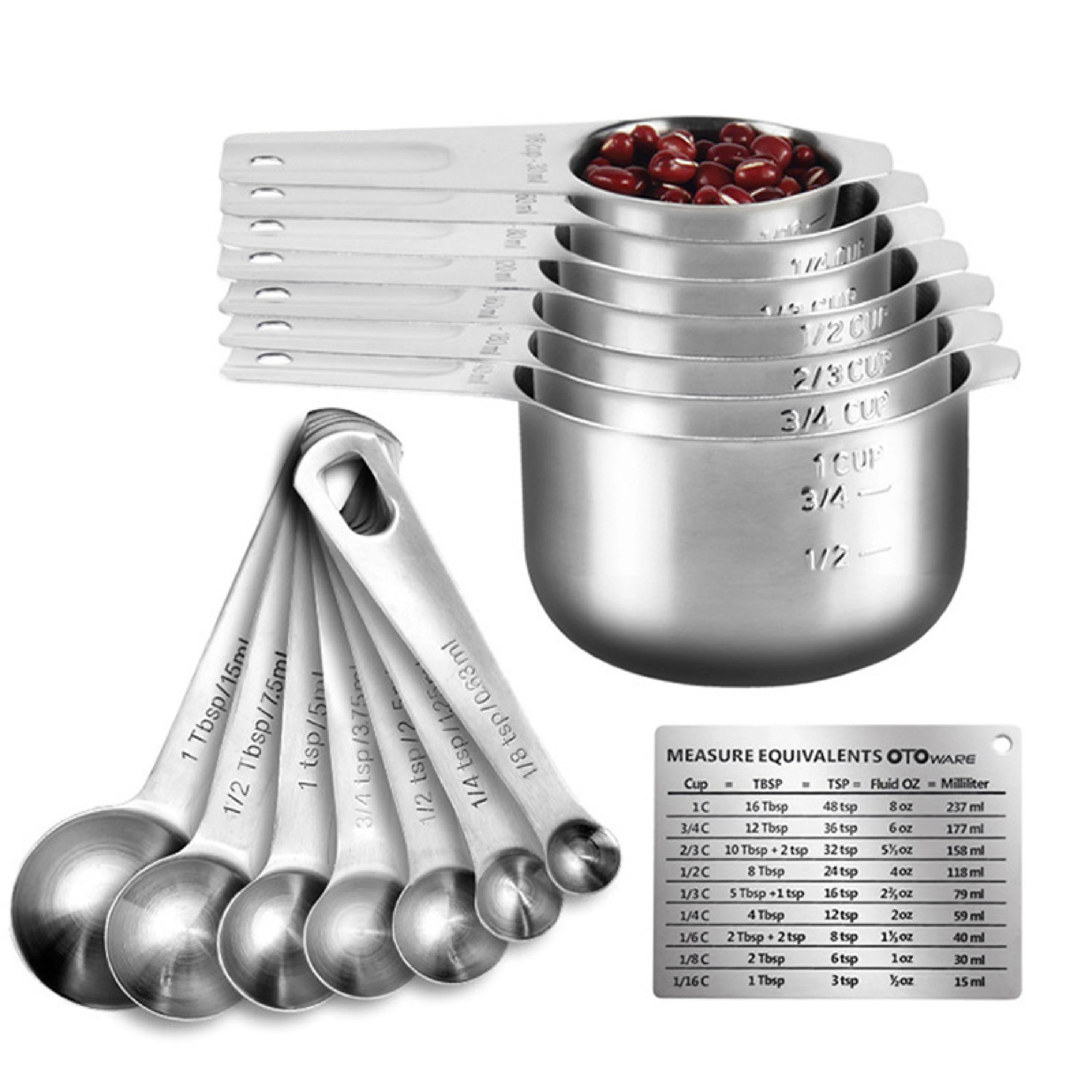 
Stainless Steel Measuring Cups and Spoons Set: 7 Cup and 7 Spoon Metal Measure Sets of 16 Piece 