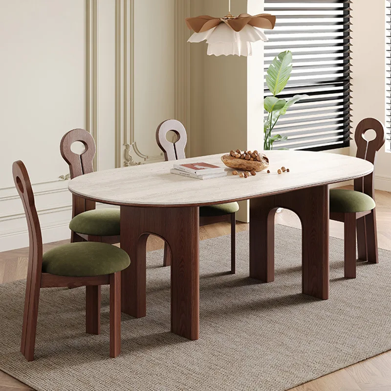 Modern french Vintage Arch Oval Wooden Cave Dining Table Set 6 Seater Retro Walnut restaurant eating chair dining room furniture