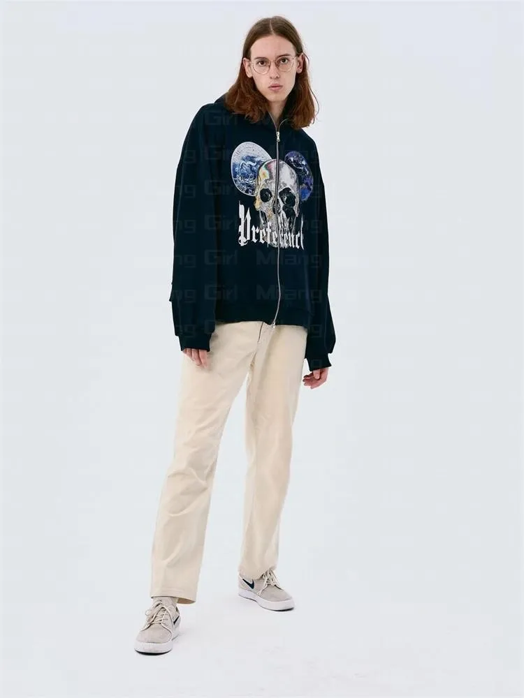 Wholesale high quality customize full zip up unisex rhinestone men skeleton hoodie