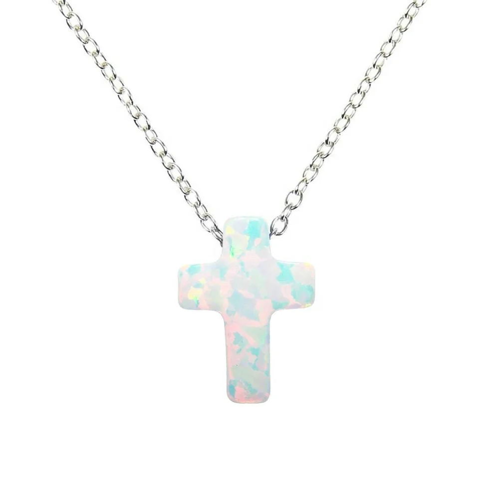 New Design Women Religious Assyrian Jewelry 925 Sterling Silver Opal Blue Cross Necklace
