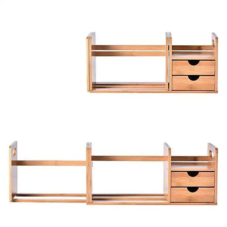 Natural Bamboo Extension Book Rack Modern Wooden Book Shelf Holder Adjustable Office Home Desk Organizer with Drawer