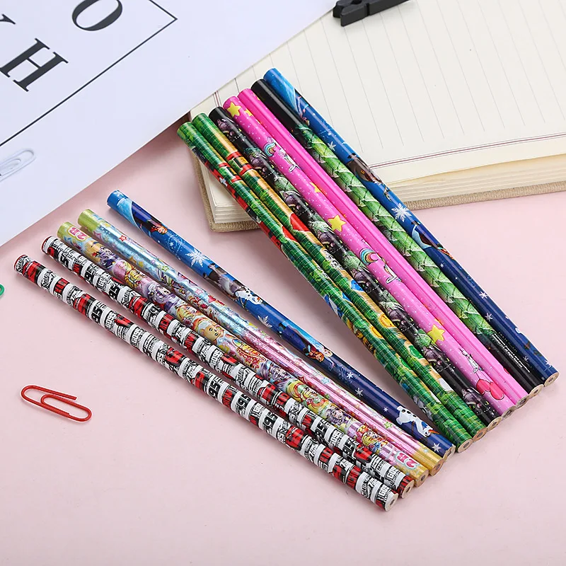Pencil manufacturers customize color printing film thermal transfer kids HB 2B cartoon round pencil with eraser