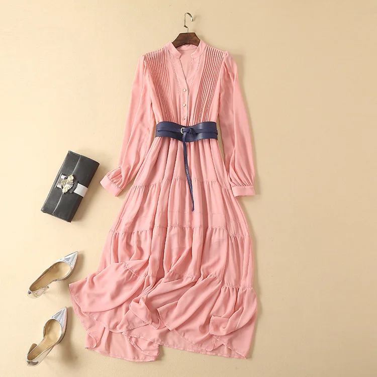 
Spring 2021 Temperament V Neck Long Sleeved Pink Dress Waist Slimming Long Skirt Dress 
