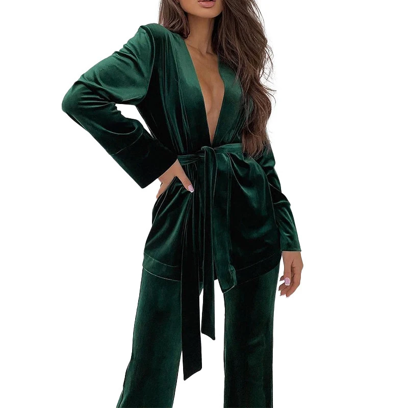 TWOTWINSTYLE Fashionable Solid Color Long Sleeve Belt Gather Waist 2 Piece Sets For Women