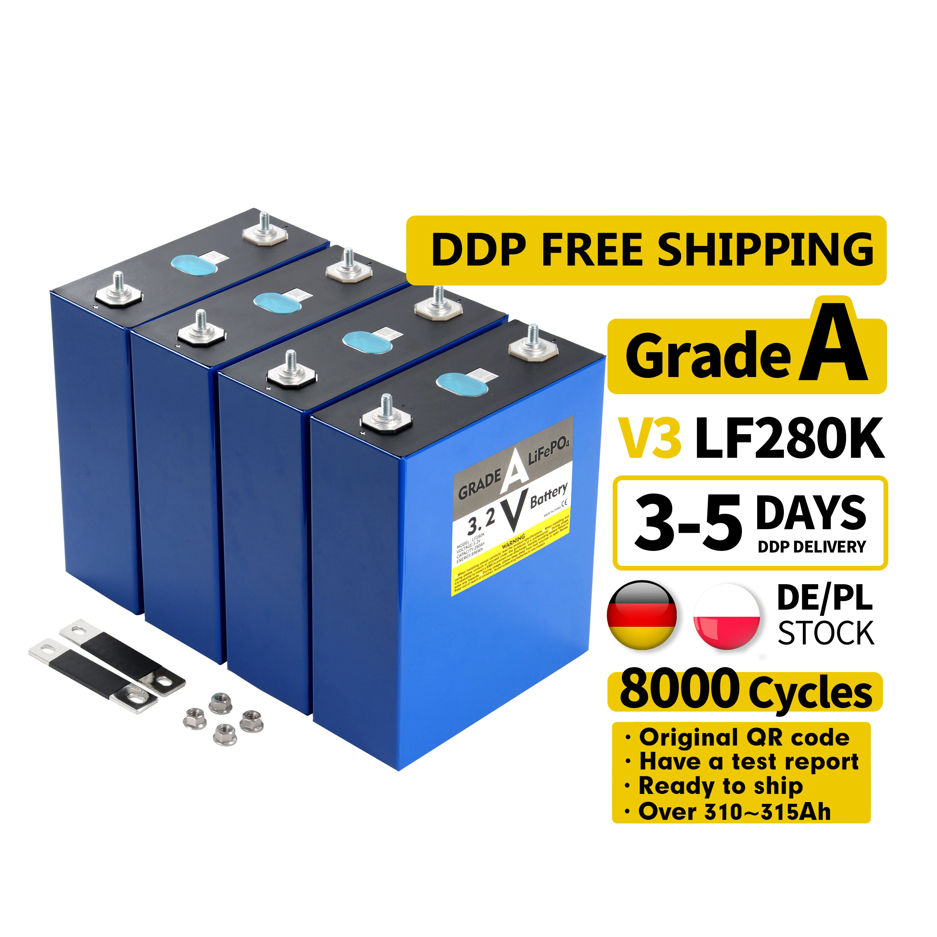 Grade A+ 280Ah 300Ah 310Ah 320Ah Lifepo4 Battery Cell EV Lifepo4 eu us Stock 280Ah Cell LF280K 3.2V Lithium Cell