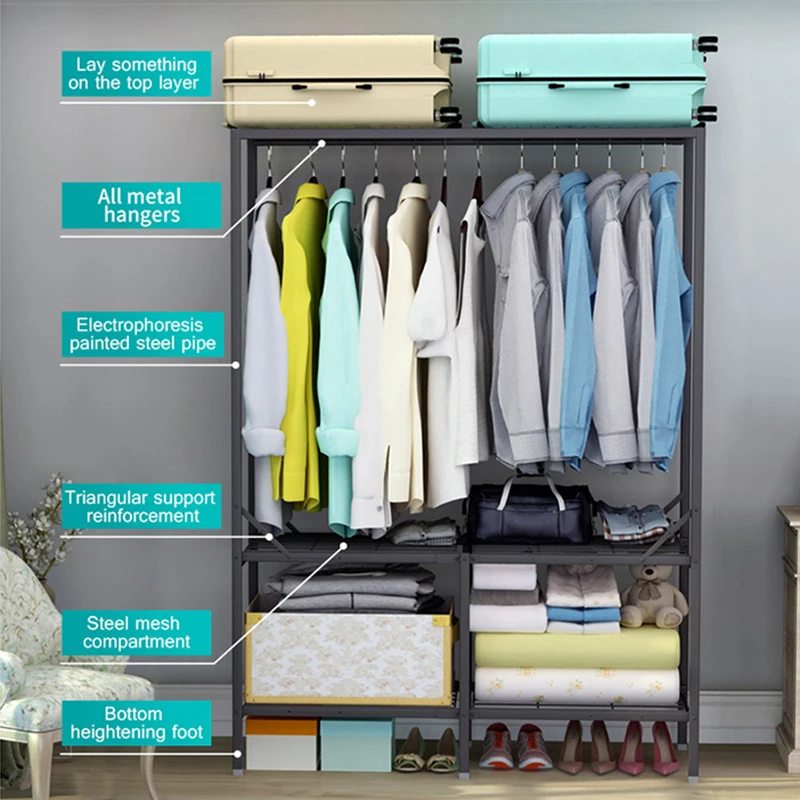 
Chinese dust proof cloth closet detachable modular wardrobe folding portable fabric wardrobe furniture with metal jacket 