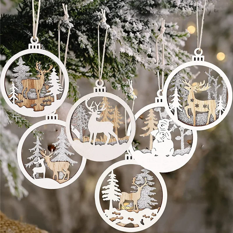 10cm 3 Layer Carving Wooden Hanging Crafts  Gift Tags Hanging Ornaments Set for Christmas Tree Decorations