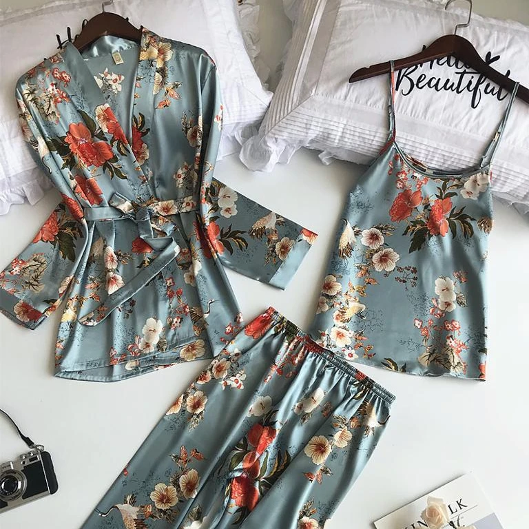 Custom 3 Pcs Printing Women Robe Sets Spaghetti Strap Cardigan Pant Set Sexy Fashion Female High Quality Pajamas