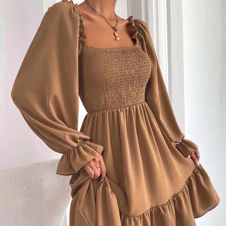 Women Summer Square Neck Shirred Bodice Flounce Sleeve Ruffle Hem Casual Dresses