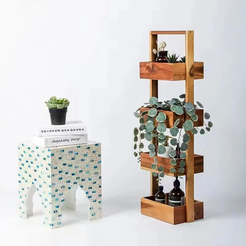 4-Tiers Floor Standing  Multifunctional Acacia Wood Household Storage Box Rack Bathroom Toiletries Storage Rack