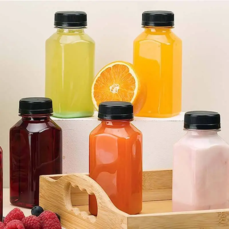 Wholesale 8oz 12oz 16oz Clear Food Grade PET Square Beverage Plastic Juice Water Bottle with Cap