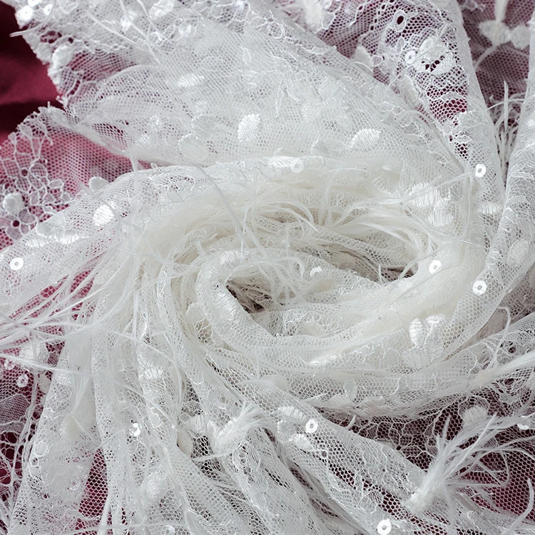 MX571 White Tulle Feather Sequin Bridal Mesh Embroidery Fabric Lace For Wedding Dress