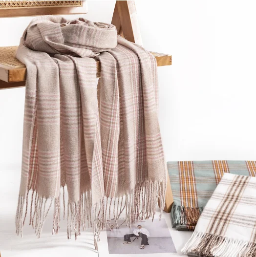 180cm Custom Warm Soft Pashmina Neck Scarves Korea Japan Shawl Blanket Ladies Plaid Tassel Cashmere Winter Scarf for Women