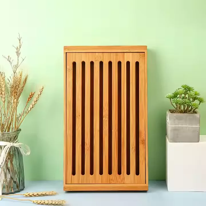Rectangle Bamboo Slotted Slicer Cutting Board With Bread Crumb Catcher Wooden Custom with Crumbs Tray for Chopping and Serving