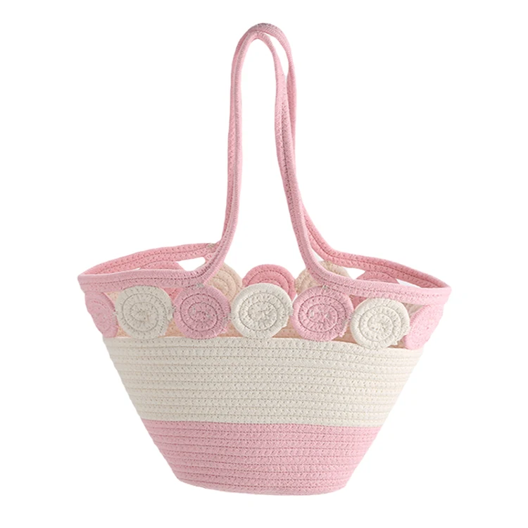 Kingwillow woven cotton rope bag with handle for shopping and storage