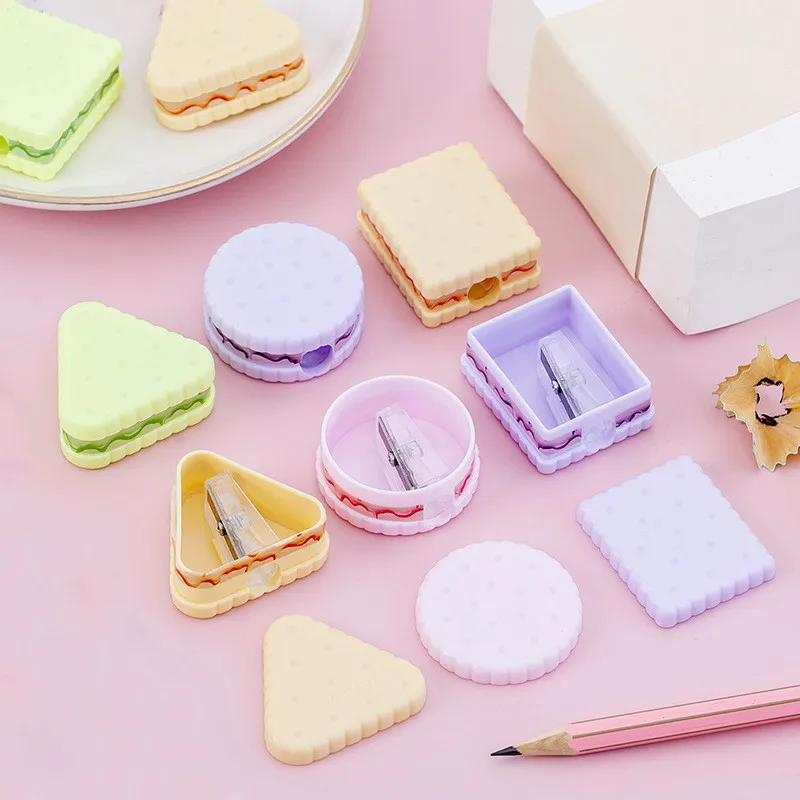 Wholesale Promotional Giveway Gift Colored Macaroon Biscuit Shape Cartoon Plastic Kids Cute Pencil Sharpener