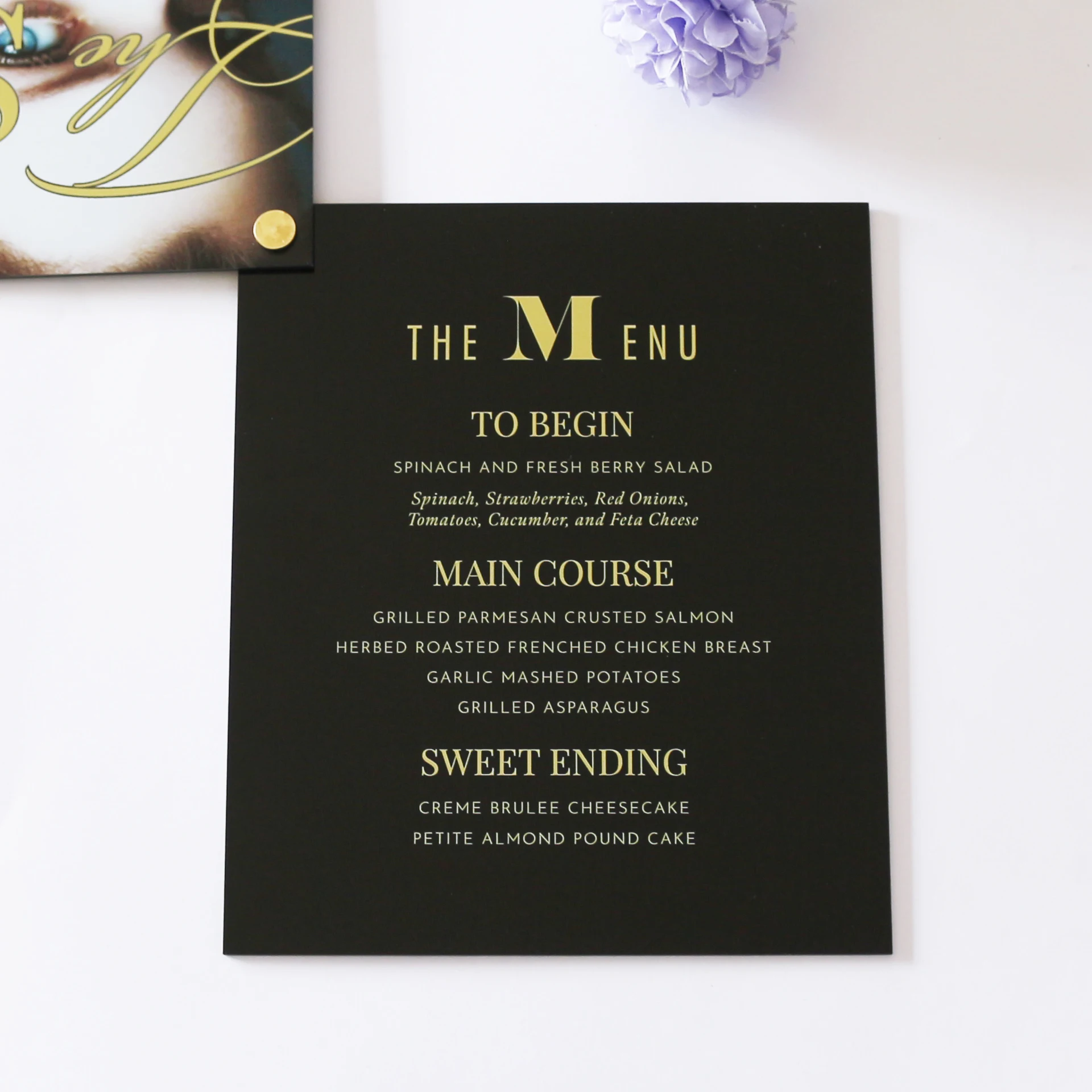 Gorgeous the Special Love Theme Banquet Menu Card UV Printing Beauty Photos Gold Foil Logo Black Acrylic Card Set