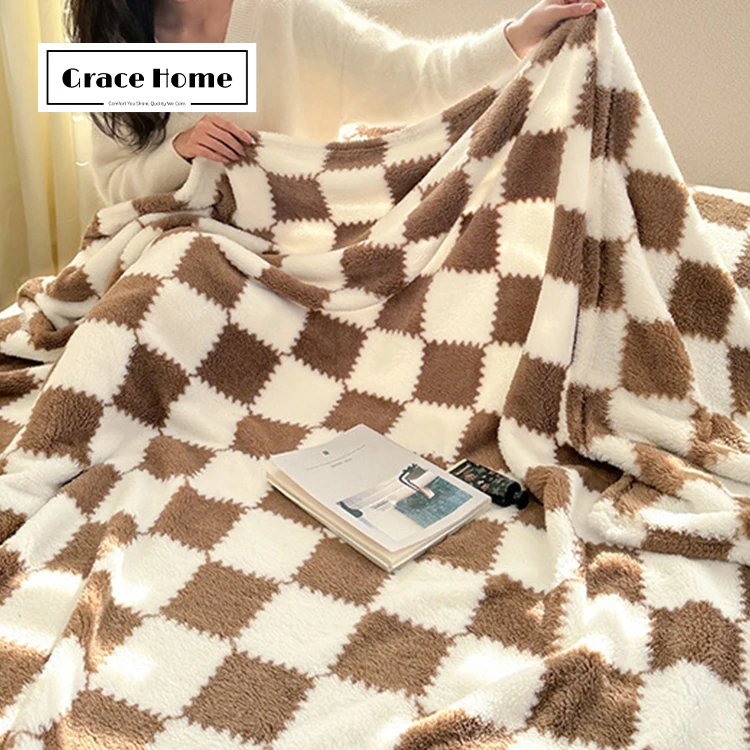 Grace Home Competitive Manufacturer Classic Plaid Printing Double Sides Coral Flannel Fleece Blanket For Winter Air Conditioner