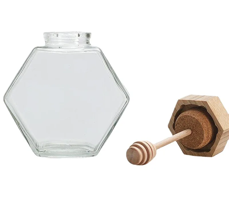 Wholesale 100ml 220ml 380ml Unique Hexagonal Glass Bottle Jar  For Honey with Wooden Lids and Dipper