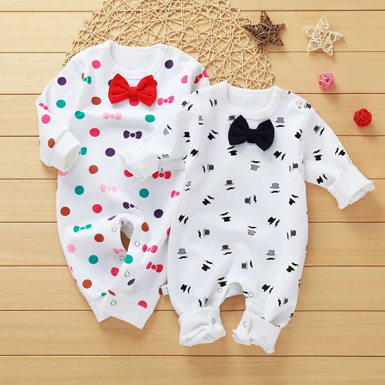 ecowalson  Baby Jumpsuit Autumn Clothing Newborn Cotton Clothes Infant Long Sleeved Rompers Baby Boys Bow Tie Roupa Pajama