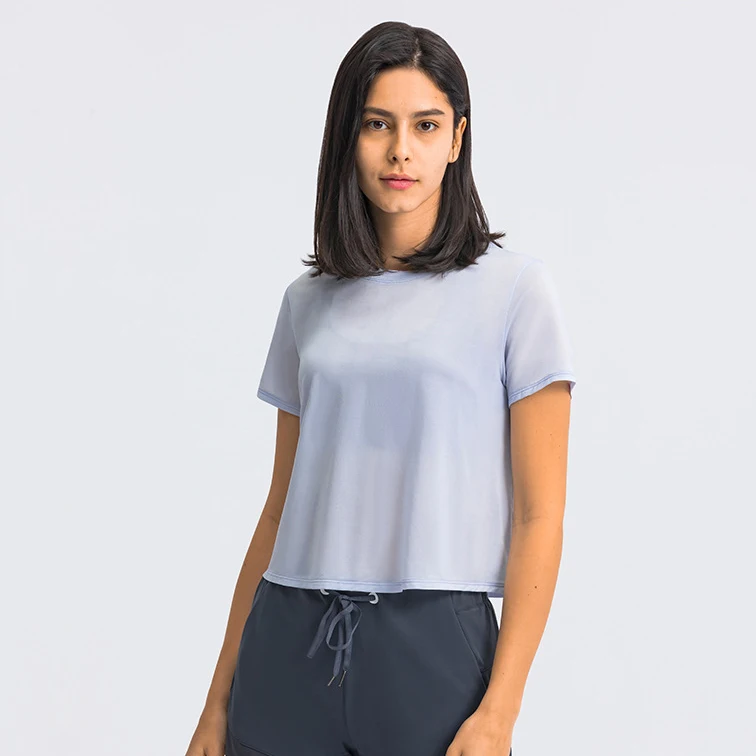 Breathable Athletic Yoga Short Sleeve Women Loose Sports Crop Top Crew Neck Gym Shirts
