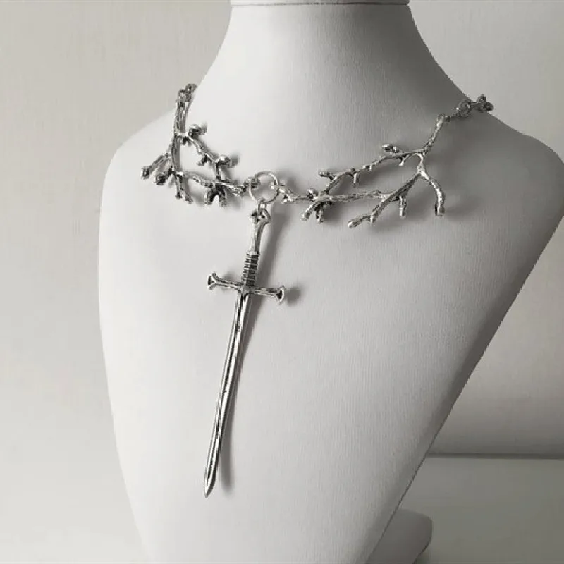 French Design Vintage Tree Branch Cross Pendant Collar Chain Gothic Forest Jewelry Necklace