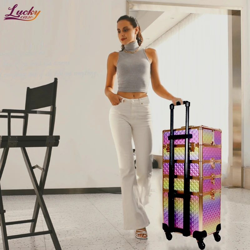 Rolling Makeup Case 4 in 1 Professional Cosmetic Trolley Large Storage Salon Barber Case Traveling Cart Trunk for Makeup Artist